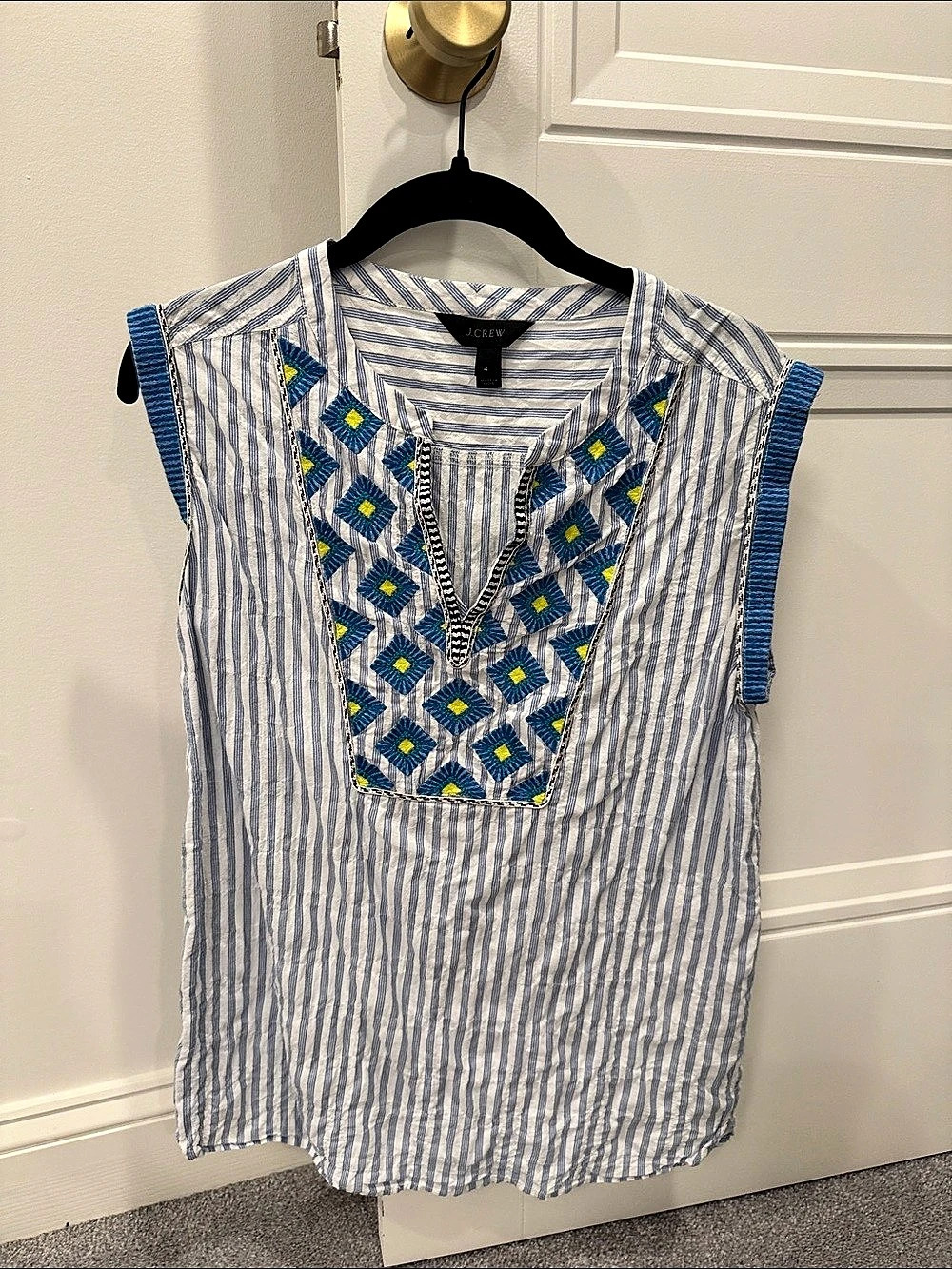 J.Crew Embroidered Cap-Sleeve Top Blue & White Small